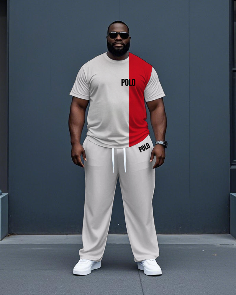 Big Men's Simple Red and White Color Block POLO Printed Short Sleeve T-shirt Drawstring Pants Set