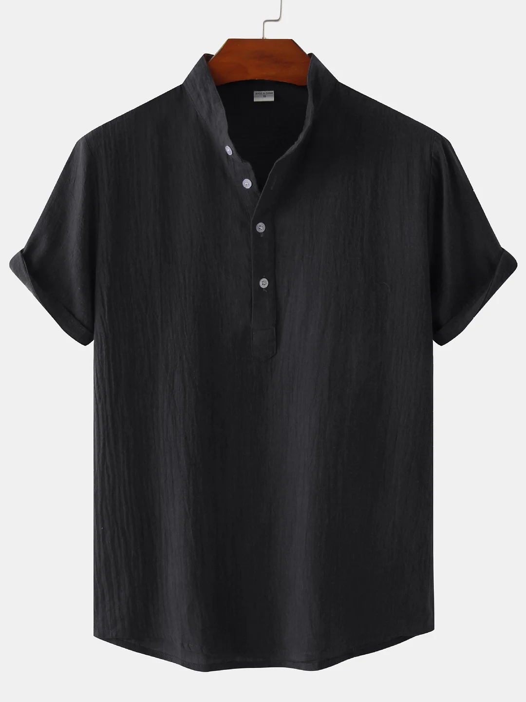 Men's Cotton Linen Stand Collar Casual Beach Short Sleeve Shirt