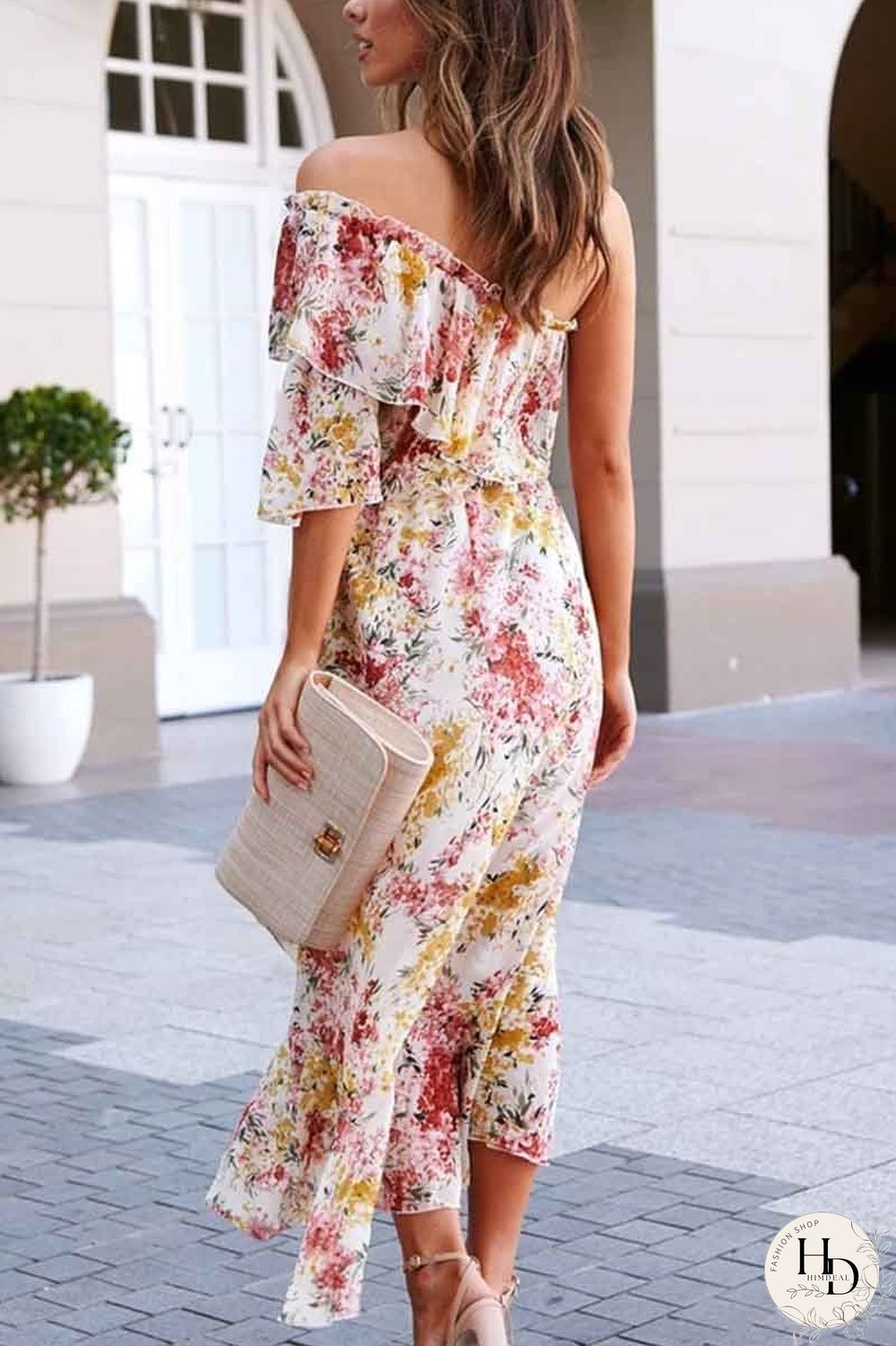 Off- shoulder Print Dress