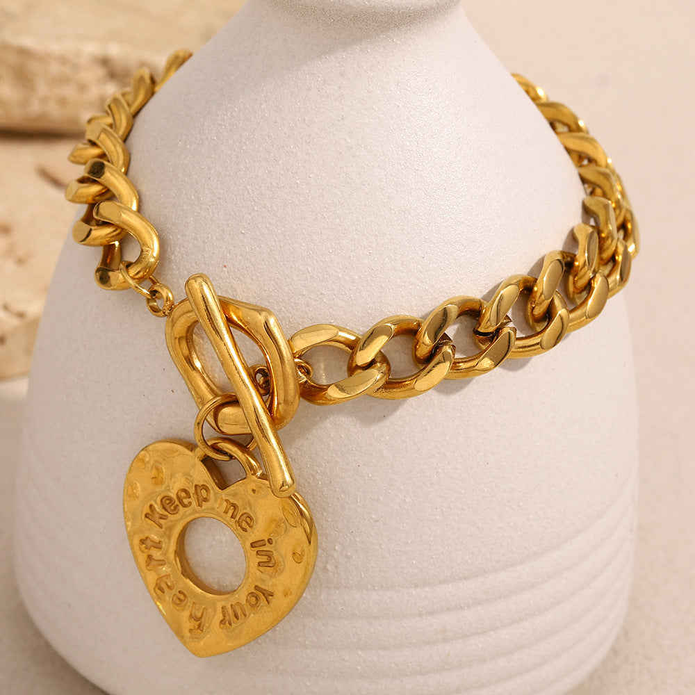 Niche Design High-End Jewelry Stainless Steel 18K Gold-Plated Cuban Chain Love Pendant Bracelet For Women