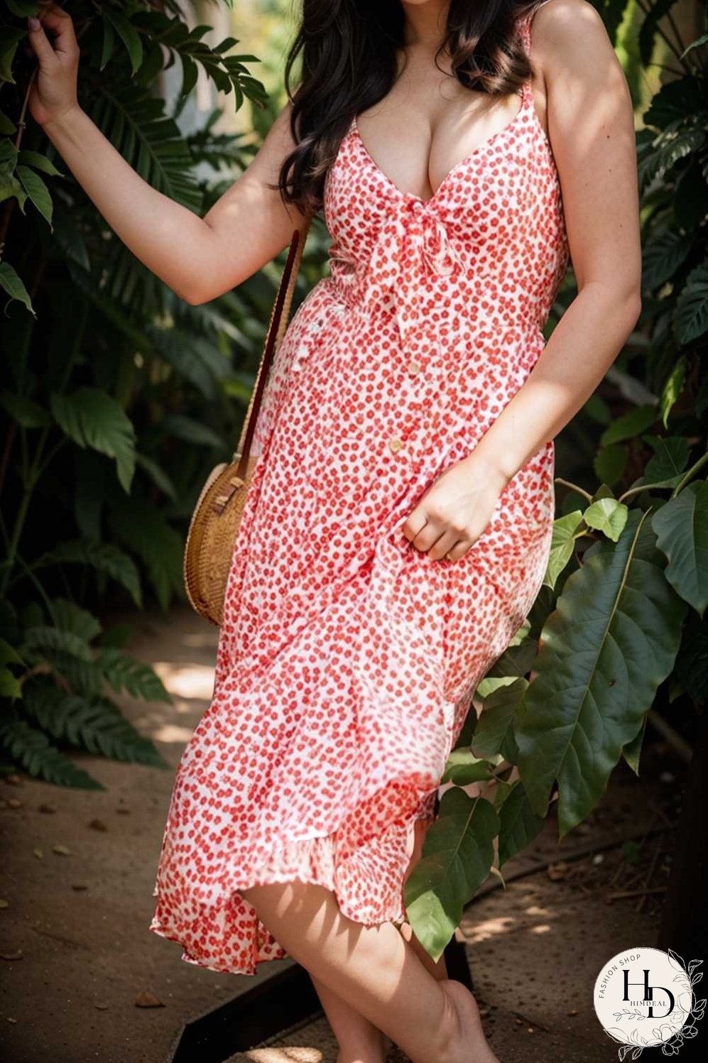 floral v neck tie spaghetti strap beach midi dress