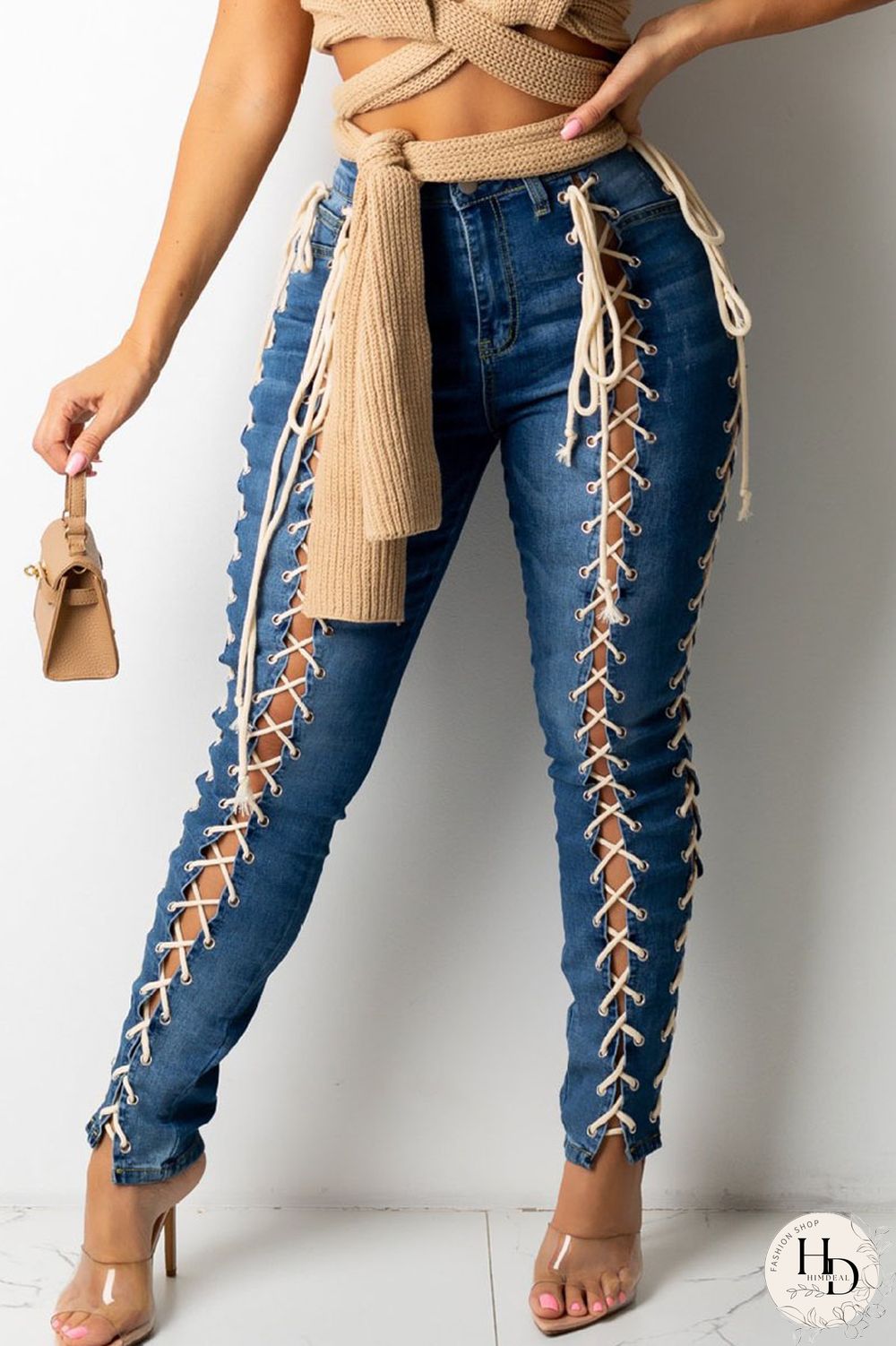The cowboy blue Sexy Solid Hollowed Out Split Joint Frenulum High Waist Skinny Denim Jeans