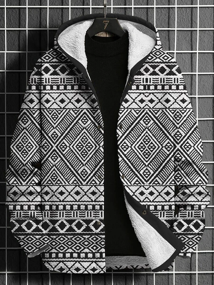 Men's Geometric Pattern All Over Print Long Sleeve Fleece Lined Hooded Coat