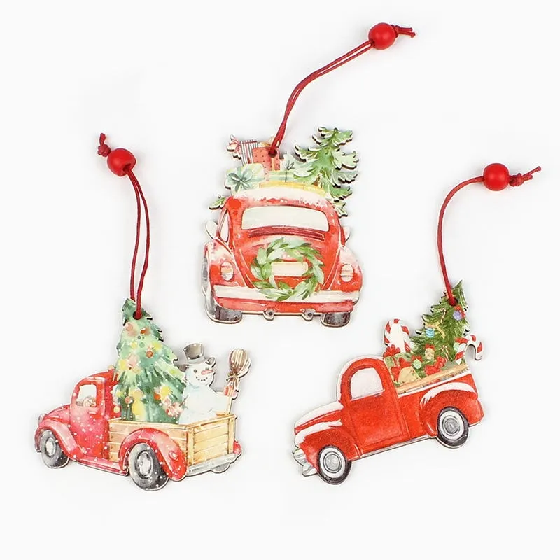 HUADODO 3Pcs Vintage Christmas Truck with tree Ornaments Wooden Christmas decoration for Xmas tree Ornament Party Kids gift