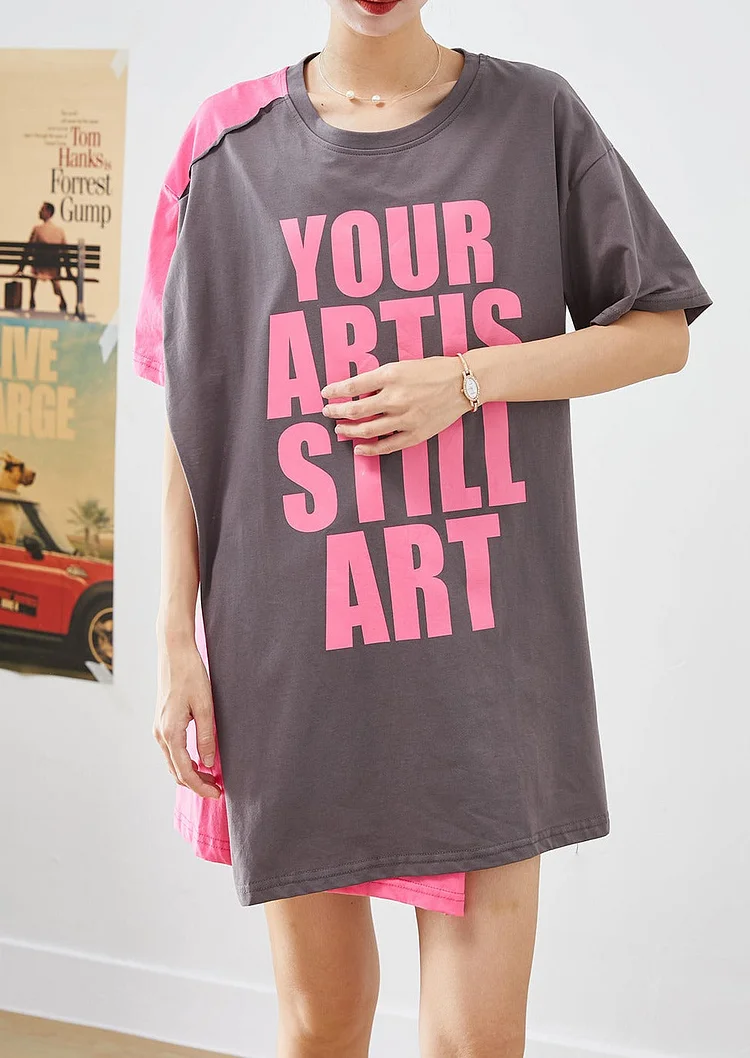DIY Colorblock Asymmetrical Patchwork Letter Print Cotton Long Tanks Summer