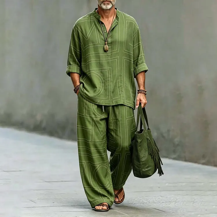 Men's Vintage Geometric Art Print Shirt And Pants Two Piece Set