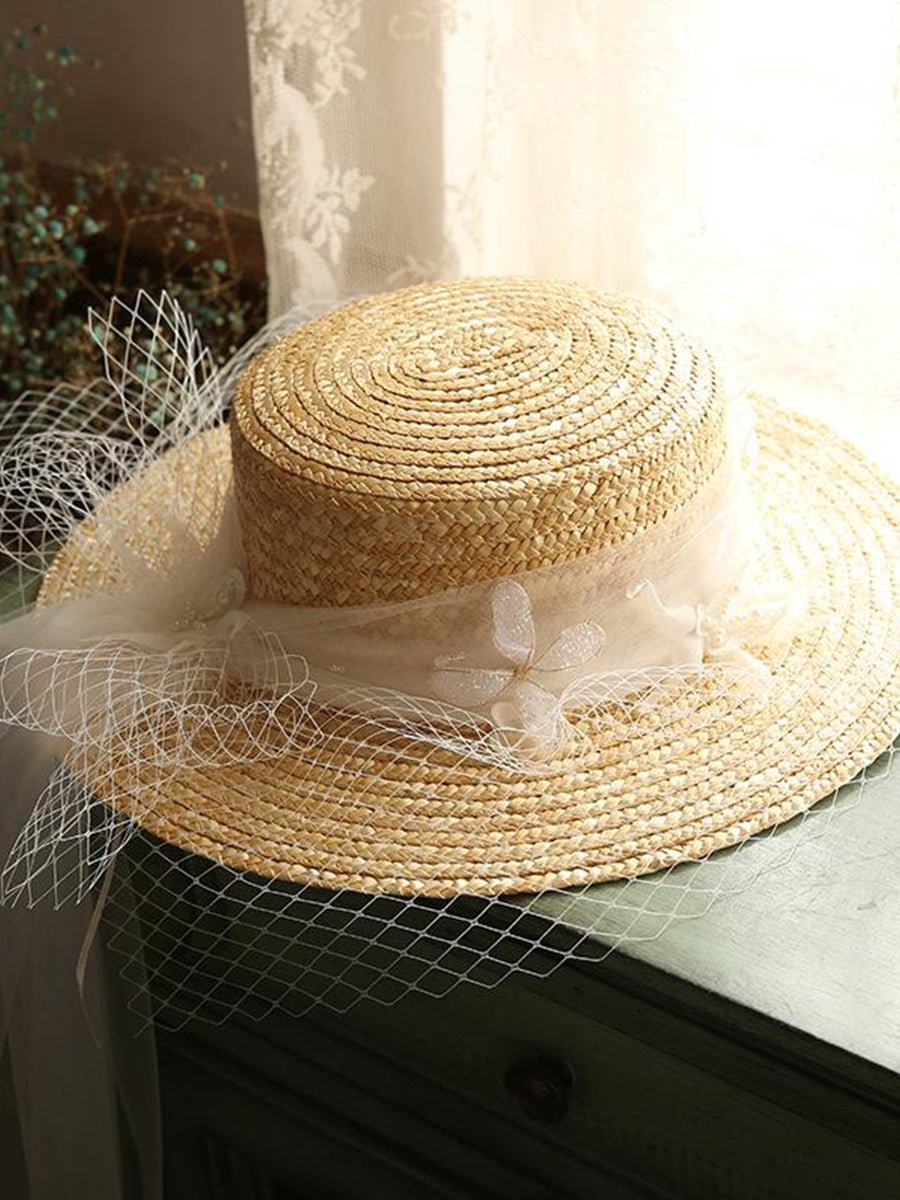 Women's Bridal Top Hat Mesh Lace Bow Decoraion UV Protection Straw Hat