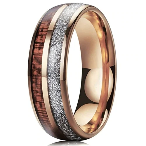 Women's or Men's Wedding Tungsten Carbide Wedding Band Matching Rings,Rose Gold Tungsten Carbide Band with Wood Inlay and Inspired Meteorite,Domed Tungsten Carbide Ring,Comfort Fit With Mens And Womens For Width 4MM 6MM 8MM 10MM