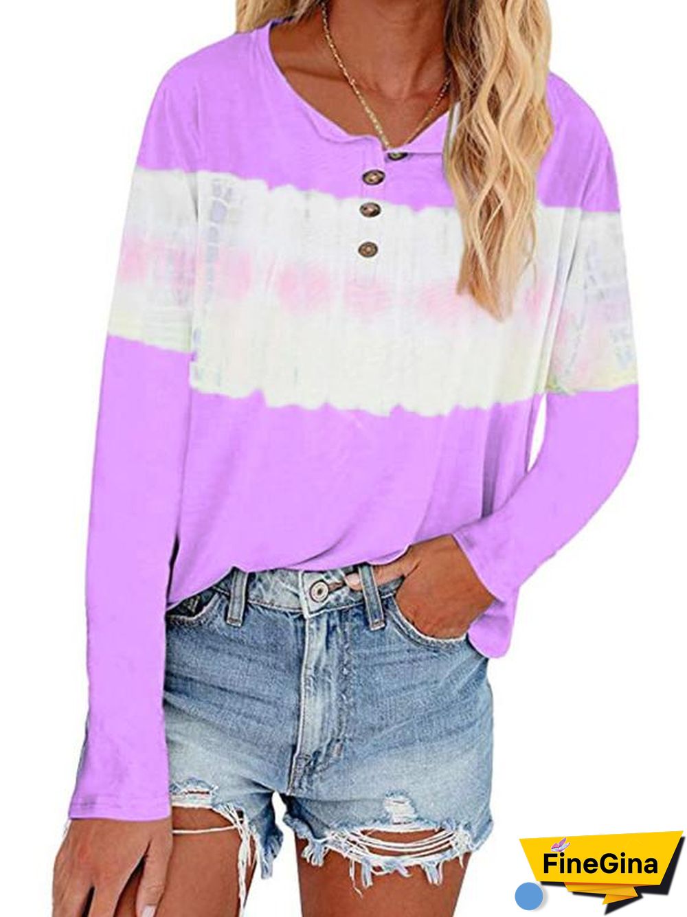 Women Long Sleeve Scoop Neck Polka Dot Graphic Stitching Top