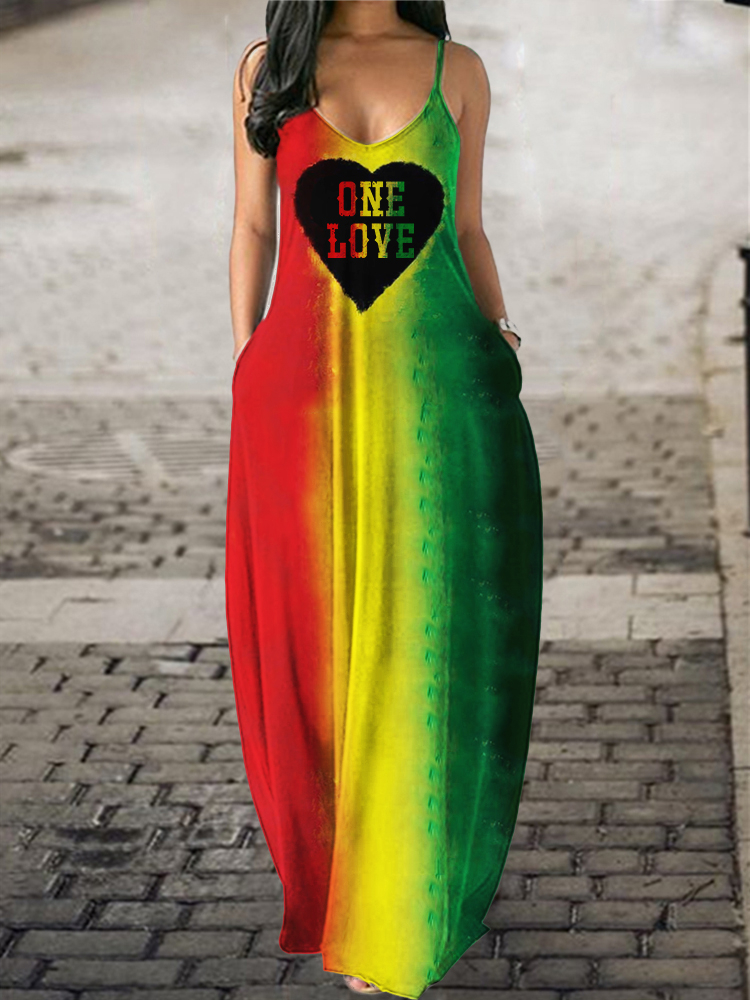 One Love Heart Rasta Gradient Casual Maxi Dress wearshes