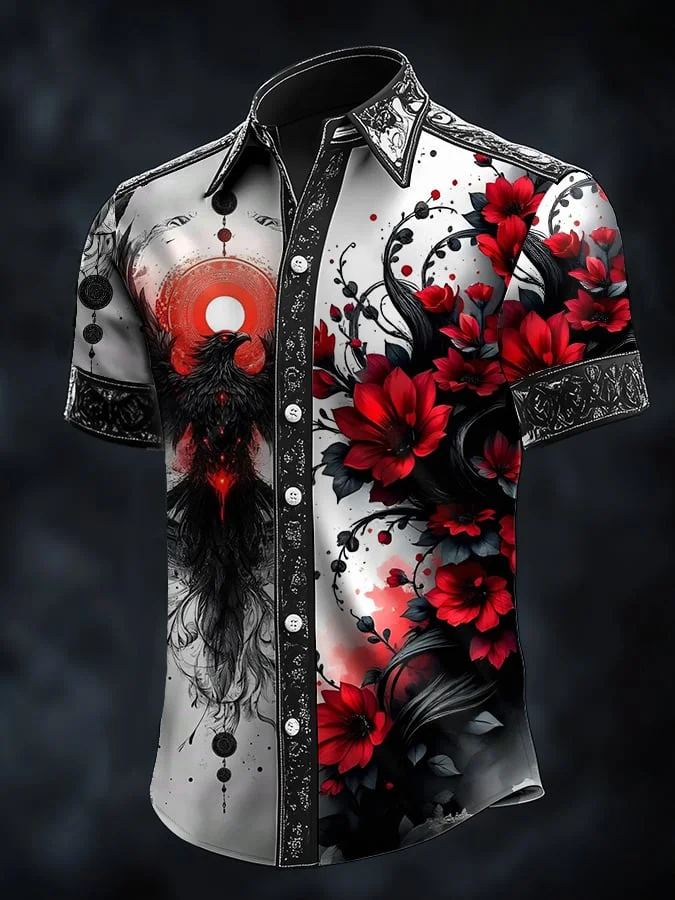 Men's Casual Fashion Dark Pattern Cross Crow Contrast Shirt 