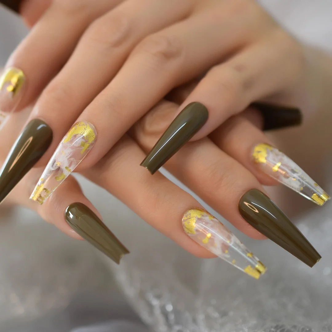 Glossy 24Pcs 6Pcs Foil Set Extra Long Fake Nails Fingernails Art Coffin Nails Tip Simple Design Supplies For Professionals EchiQ-Nail Inspo