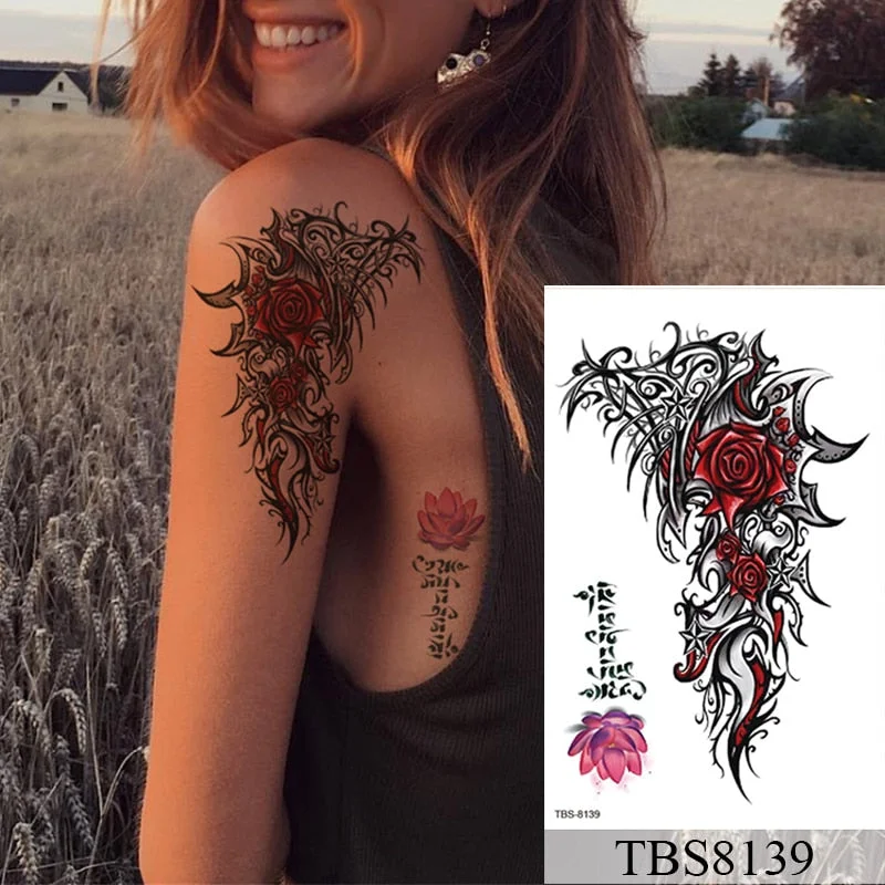 Waterproof Temporary Tattoo Sticker Flower Peony Rose Sketches Flash Tattoos Black Henna Body Art Arm Fake Tatoo Women Men