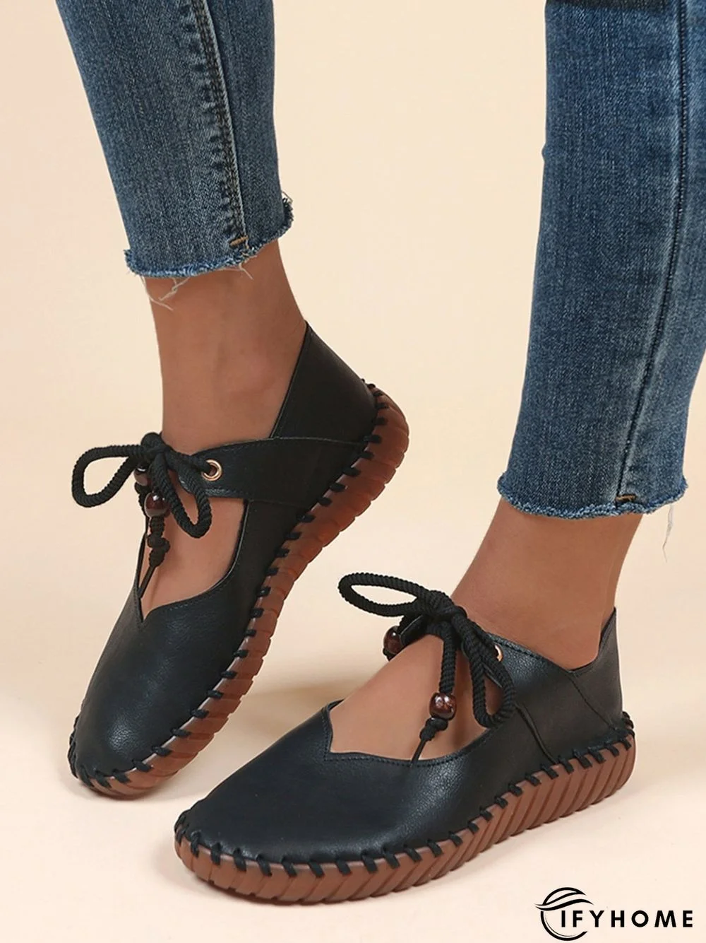 Simple Beading Lace-Up Flat Mary Jane Shoes | IFYHOME