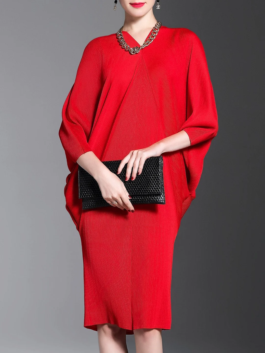 V neck Sheath Batwing Green Statement Midi Dress