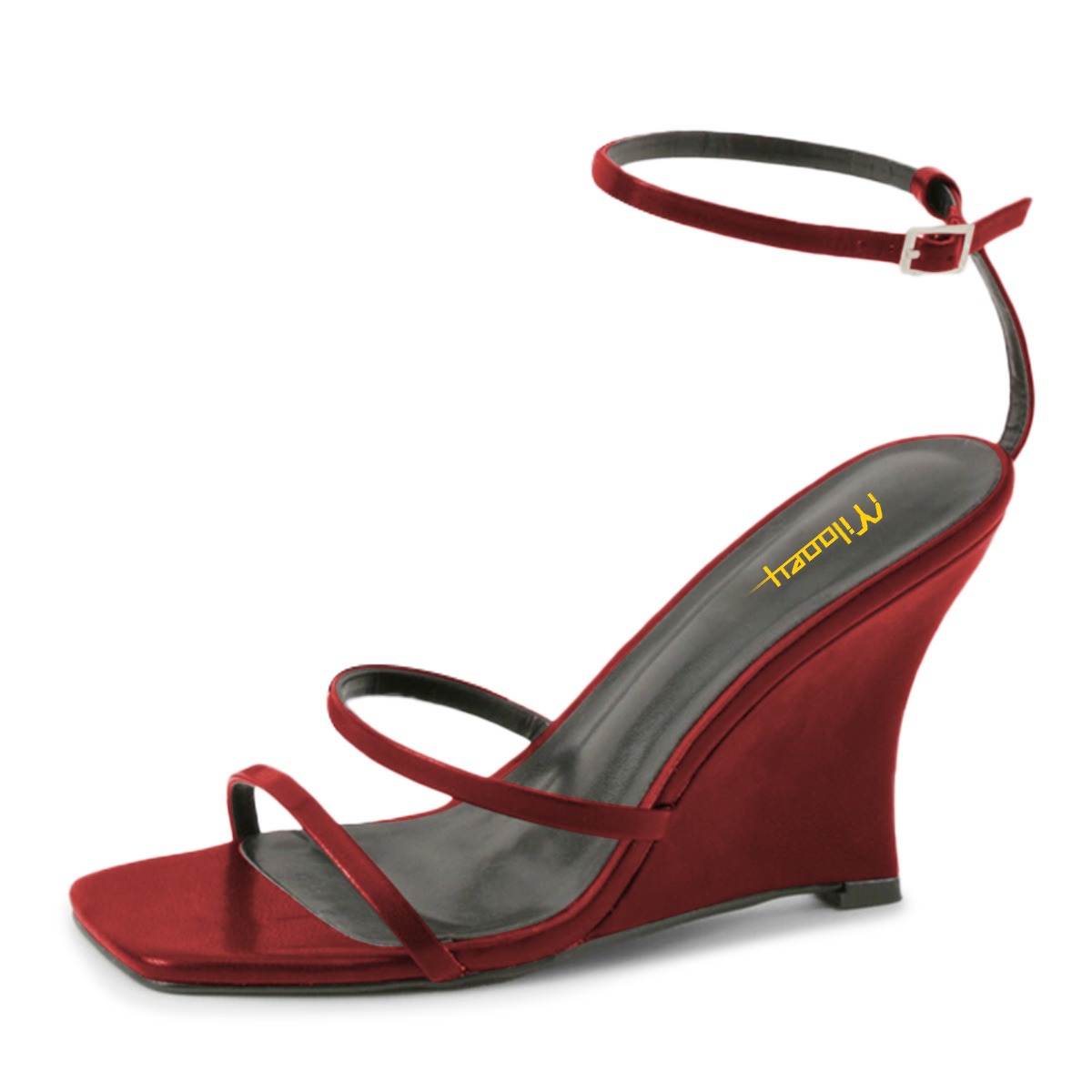 Red Square Toe Wedge Heel Ankle Strap Summer Sandals with Buckle Nicepairs