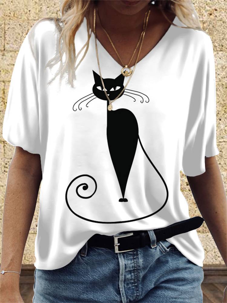 Black and White Cat  Printed T Shirt