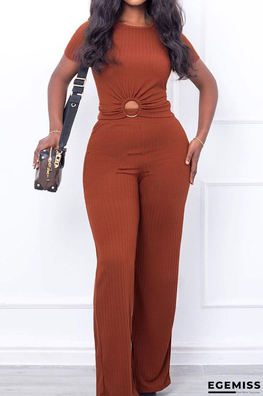 Brown Casual Solid Hollowed Out Patchwork O Neck Short Sleeve Two Pieces | EGEMISS