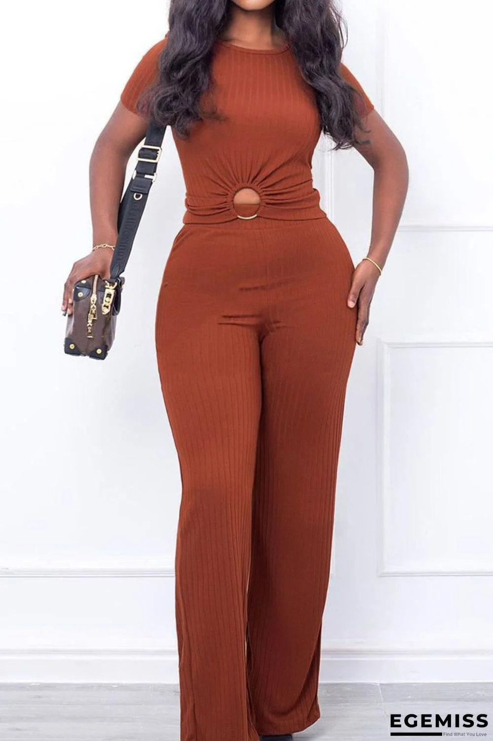 Brown Casual Solid Hollowed Out Patchwork O Neck Short Sleeve Two Pieces | EGEMISS