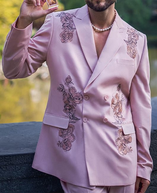 Fashion Pink Floral Print Lapel Collar Double Breasted Blazer