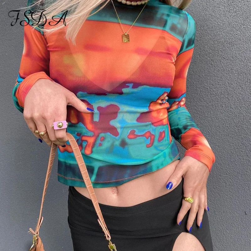 FSDA Tie Dye Print Long Sleeve Crop Top Mesh Women Autumn Summer 90s T Shirts Sexy Vintage Fashion Casual 2021