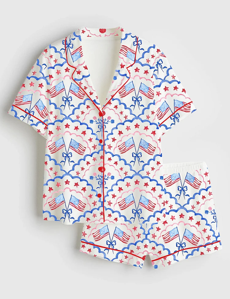 Women&rsquo;s Red White And Blue Scalloped USA Flag And Floral 4th Of July Patriotic Print Short Sleeve Satin Pajama Set