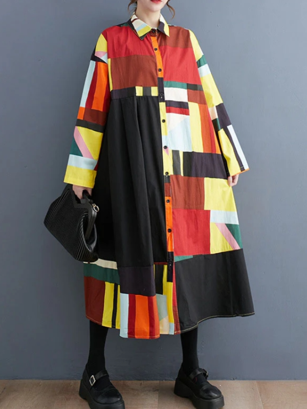 Color Block Printing Split Long Sleeve Lapel Midi Dress