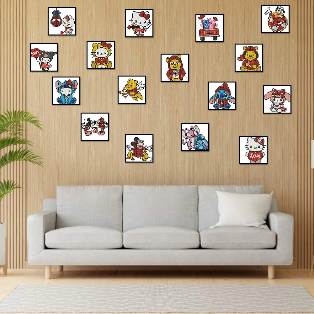 16pcs Cartoon DIY Mini Partial Round Diamond Painting for Table Decor No Frame(15*15cm)