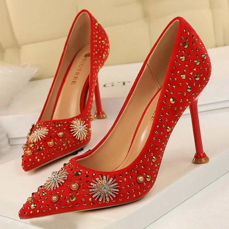 BIGTREE Shoes Rhinestone Women Pumps Sexy Party Shoes High Heels Wedding Shoes Plus Size 43 Female Stiletto Suede Women Shoes