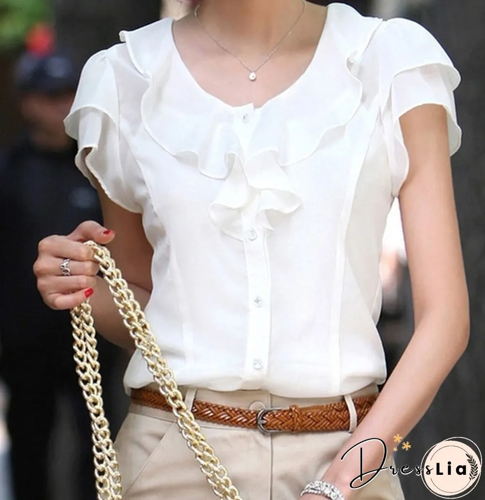 Spring Summer New Women Clothing Girl Casual Bow tie Short Sleeve Chiffon Blouse Shirt