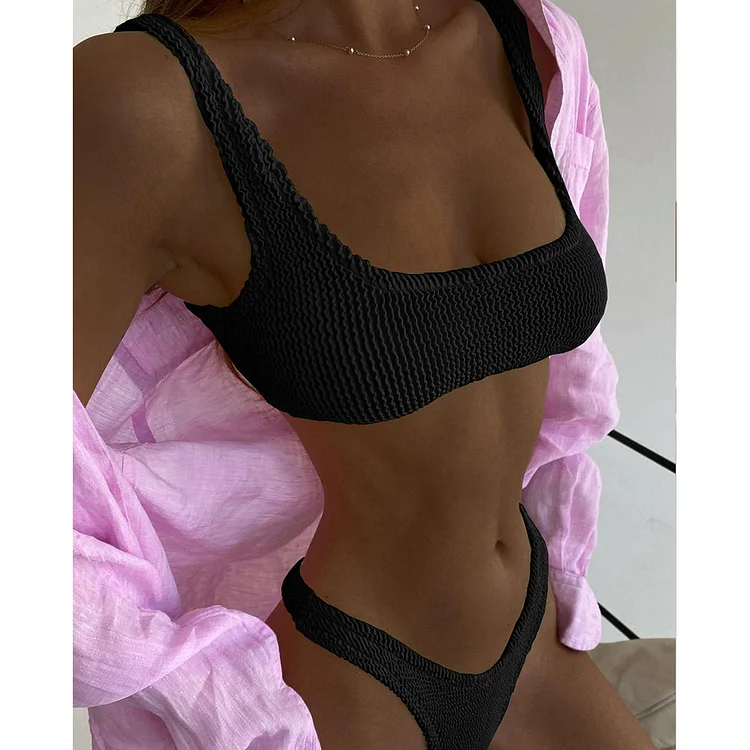 Squared Neck Backless Solid Color Sexy Bikini Swimsuit