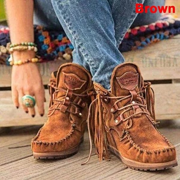 HOT Trend Fashion Faux Leather Tassel Boots for Women Short Platform Boots High Top Martin Boots Vintage Chunky Low Heel Short Boot Ankle Booties Flat Boots Autumn Winter Shoes for Female Plus Size - Shop Trendy Women's Clothing | LoverChic