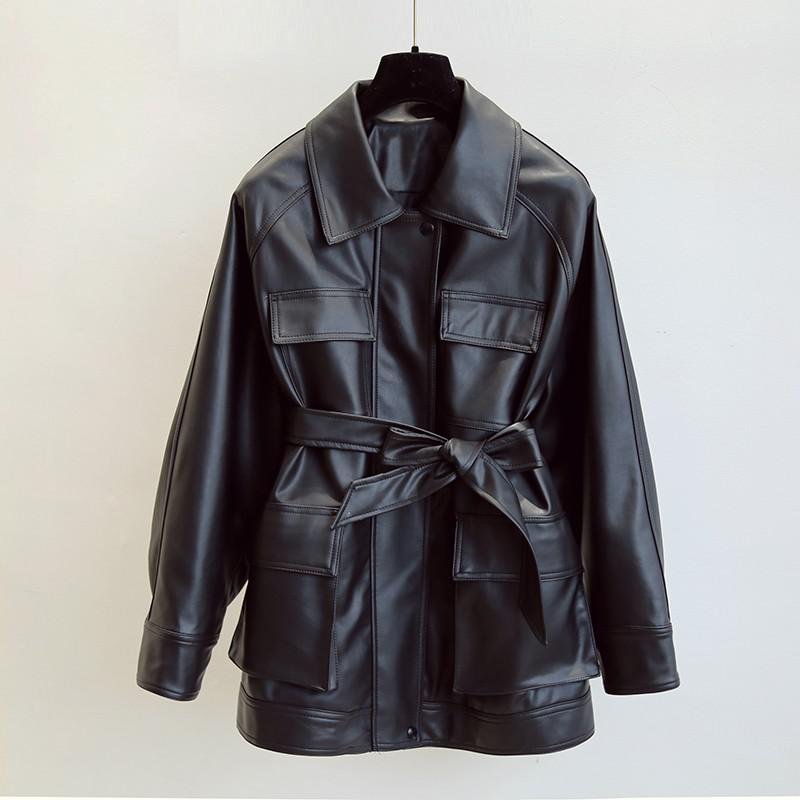 FTLZZ New Autumn Women Loose Black Pu Faux Soft Leather Jacket Streetwear Female Biker Pockets Turn Down Collar Coat Outwear
