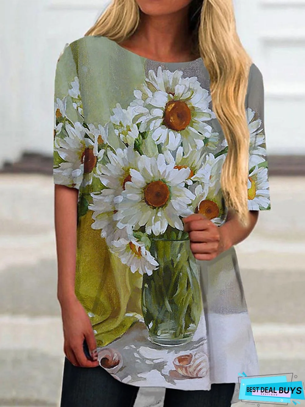 Casual Short Sleeve Crew Neck Floral Tops