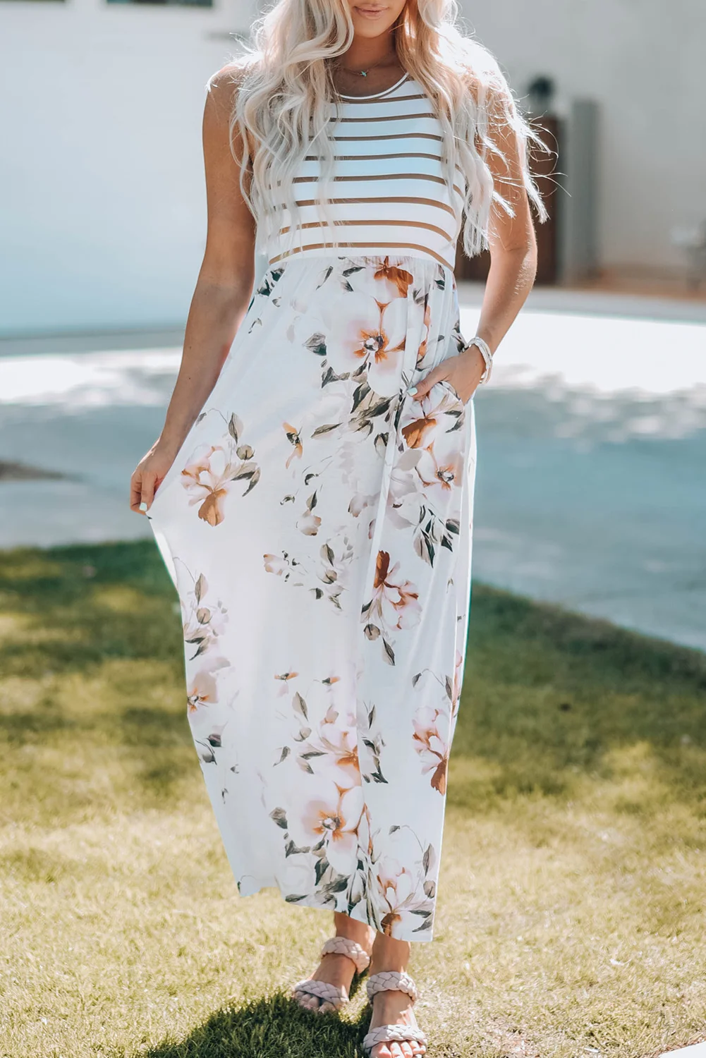 White Striped Floral Print Sleeveless Maxi Dress with Pocket | IFYHOME