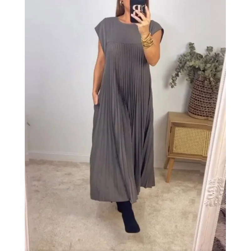 Uveng Uveng New Women's Elegant Fashion Round Collar Sleeveless Pleated Winter Dress Dress