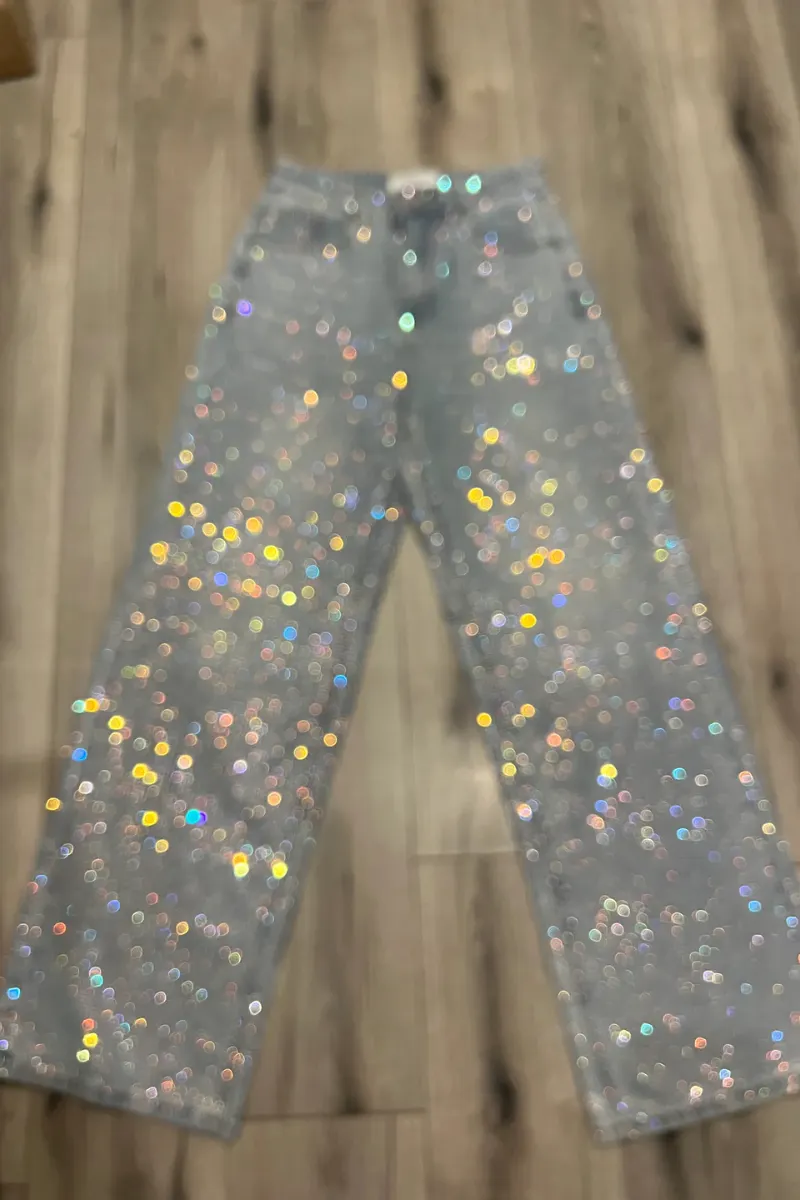 Rhinestone Embellished High Waist Wide Leg Straight Denim Jeans image 3