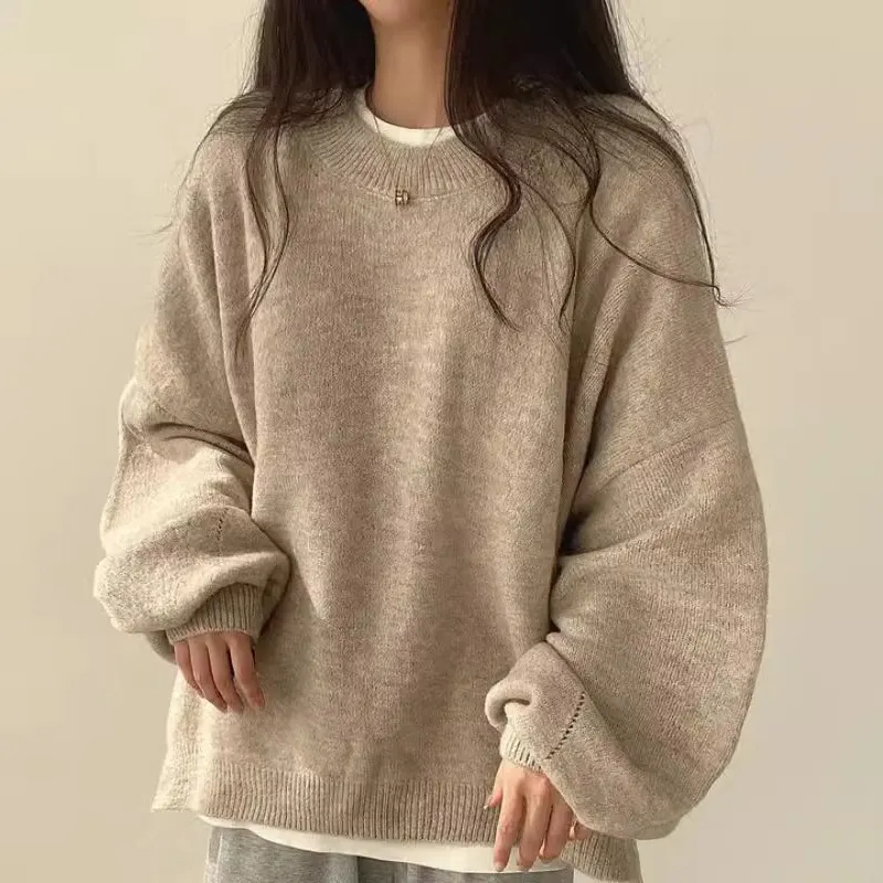 Churchf Churchf Chic Autumn And Winter French Lazy Wind Round Collar Side Open Fork Loose Casual Versatile Long Sleeve Warm Knit Sweater
