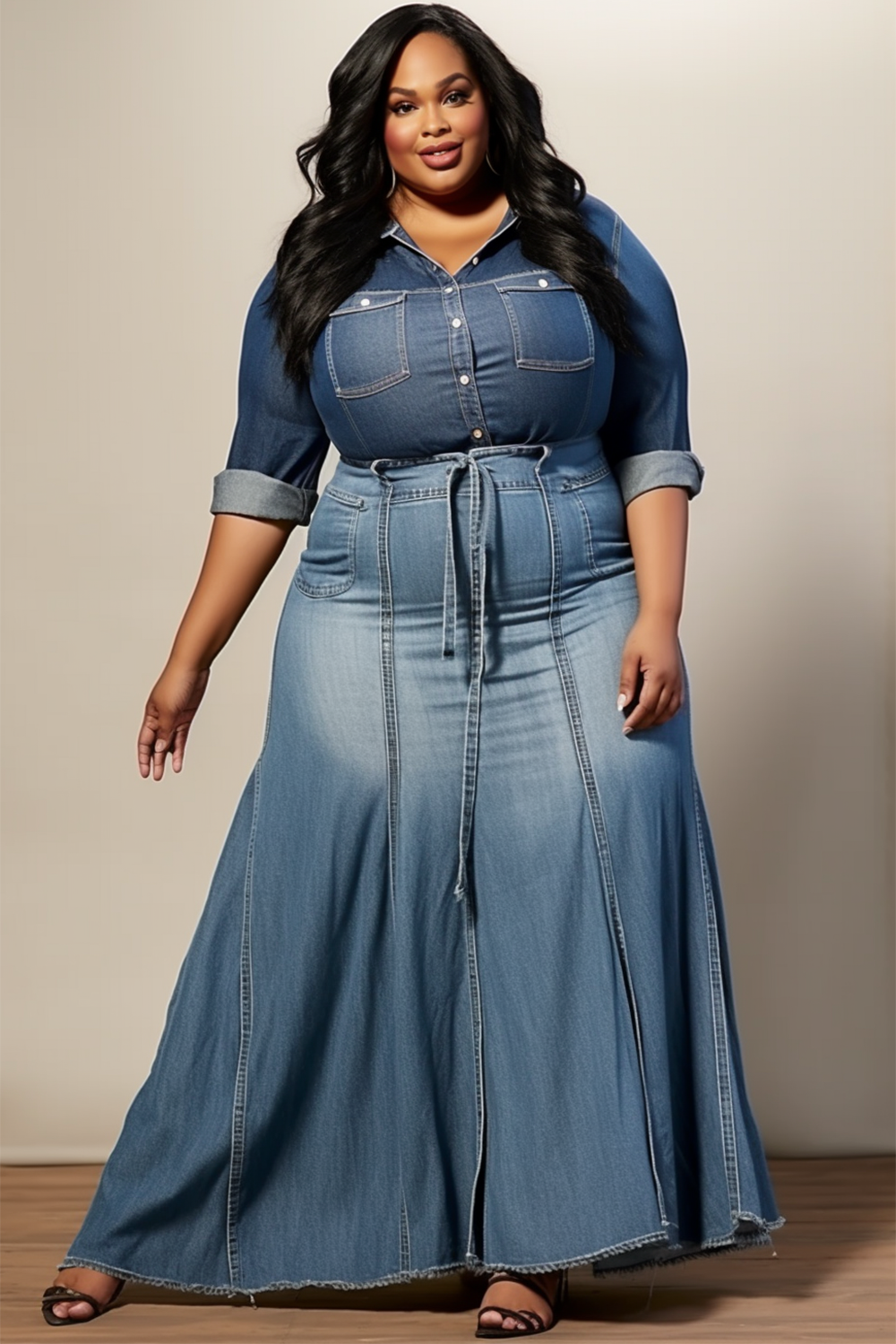 Design Plus Size Daily Blue Lace Up Tencel Denim Maxi Skirts [Pre-Order]