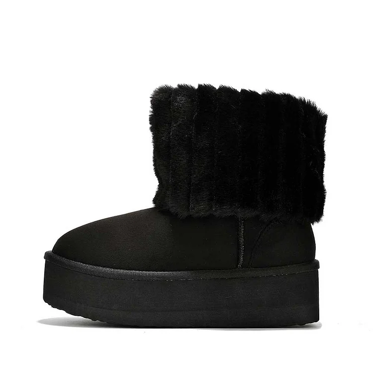 Black Vegan Suede Platform Booties Faux Fur Trim Furry Winter Boots |FSJ Shoes