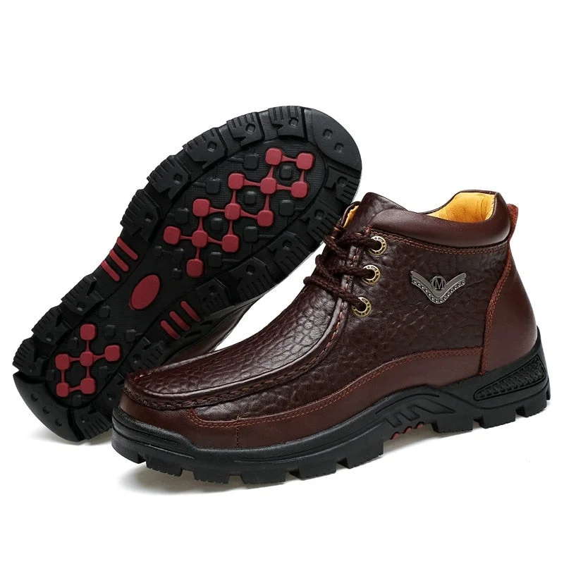 Genuine Leather Mens Shoes Fur Ankle Boots Business Warm Winter Shoes Snow Mens Boot Lace Up Work Shoes Male Plush WalkerPeak