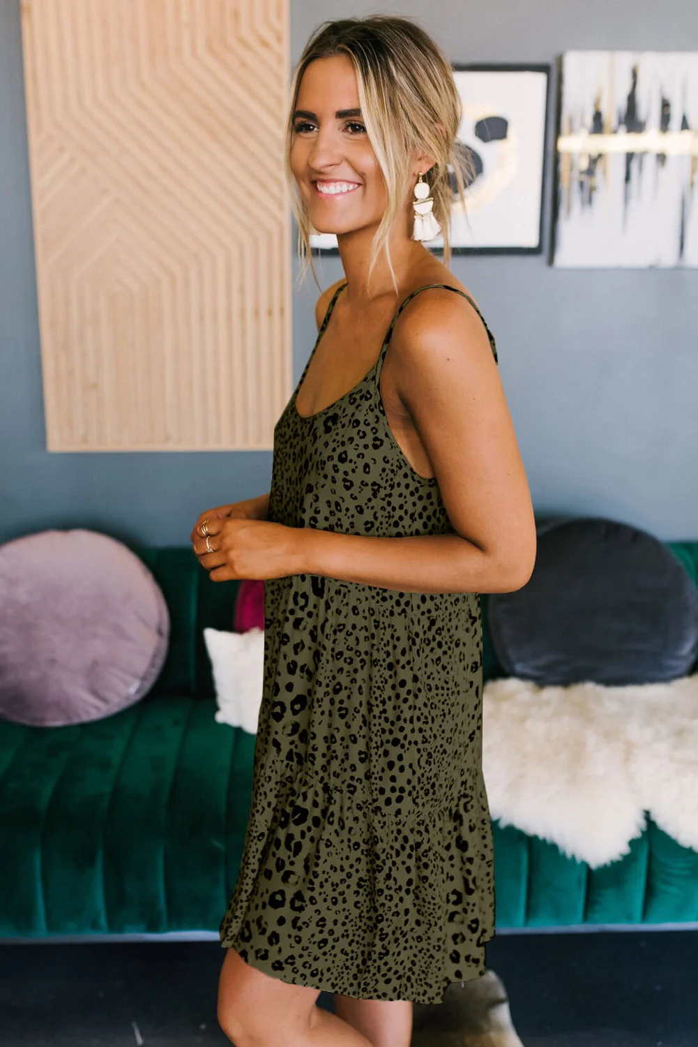 Buzzdaisy Olive Tiered Leopard Babydoll Dress