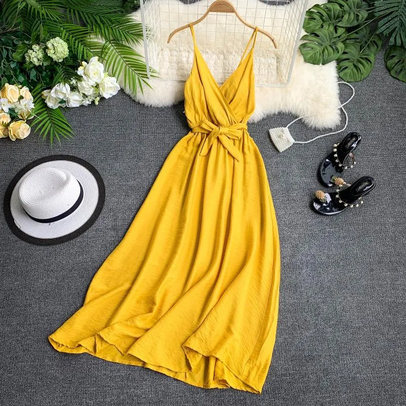 Fitaylor 2021 Women Dress Summer Sexy V Neck Sashes Dress Red White Black Sleeveless Spaghetti Strap Beach Dress Vestido