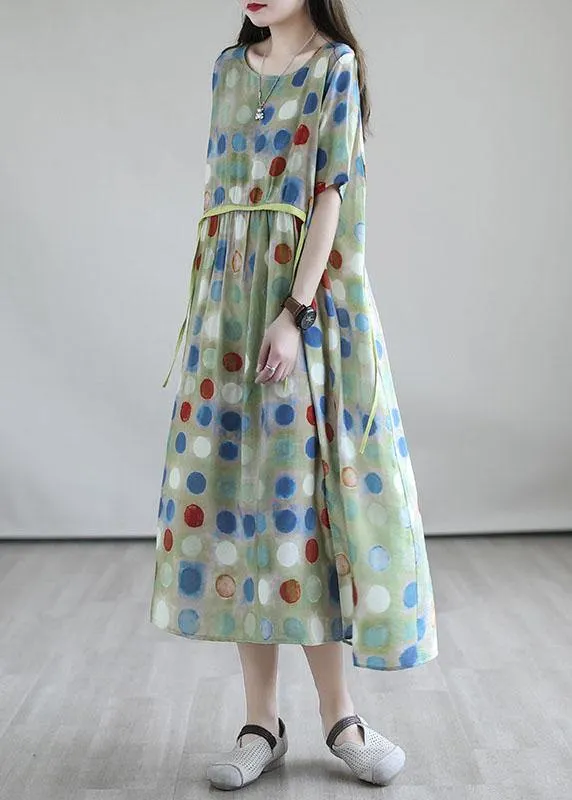 Italian Light Green Drawstring Patchwork Print Summer Cotton Vacation Dresses