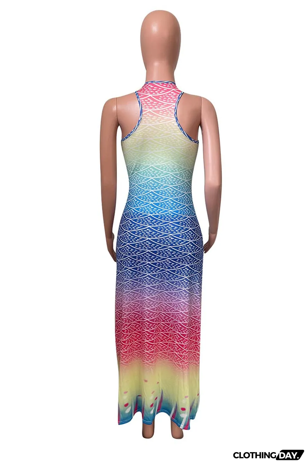 Blue Fashion Sexy Gradual Change Print Basic U Neck Vest Dress