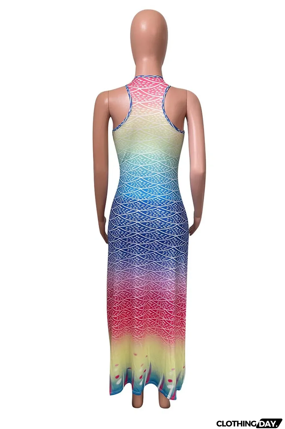 Blue Fashion Sexy Gradual Change Print Basic U Neck Vest Dress