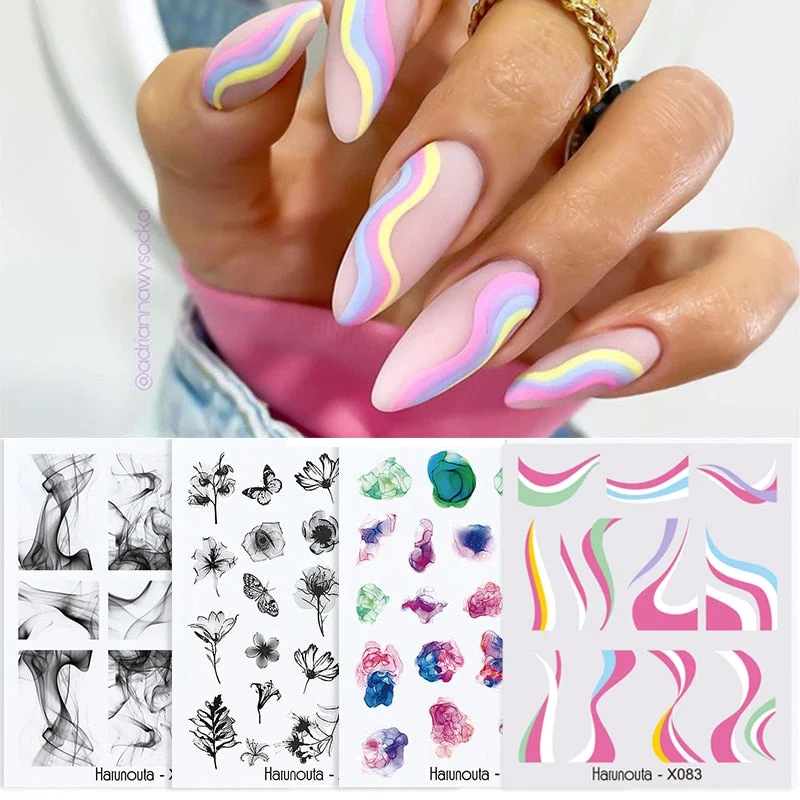 Harunouta 4Pcs Colorful Wave Leaf Flowers Water Decals Stickers Fruit Snake Designs Manicure Nail Art Decorations For Summer