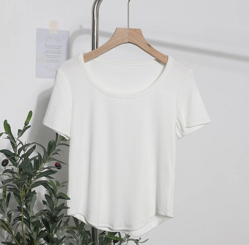 Breakj Solid Color Irregular U-Neck Short-Sleeved T-Shirt Woman Xia Slimming Leisure Short Coat 1809