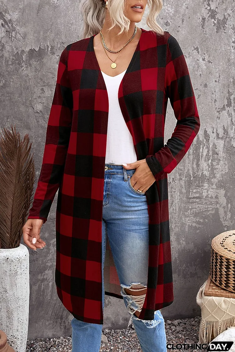 Classic Red Plaid Print Long Cardigan