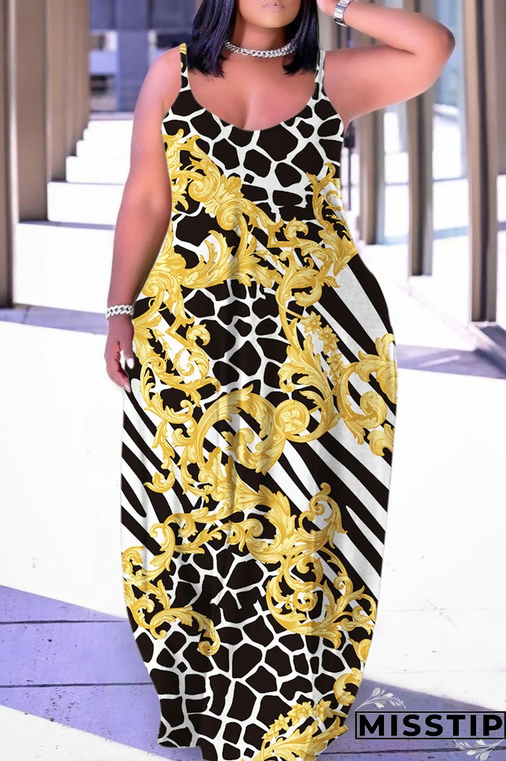 Black Yellow Sexy Casual Print Backless Spaghetti Strap Long Dress Dresses